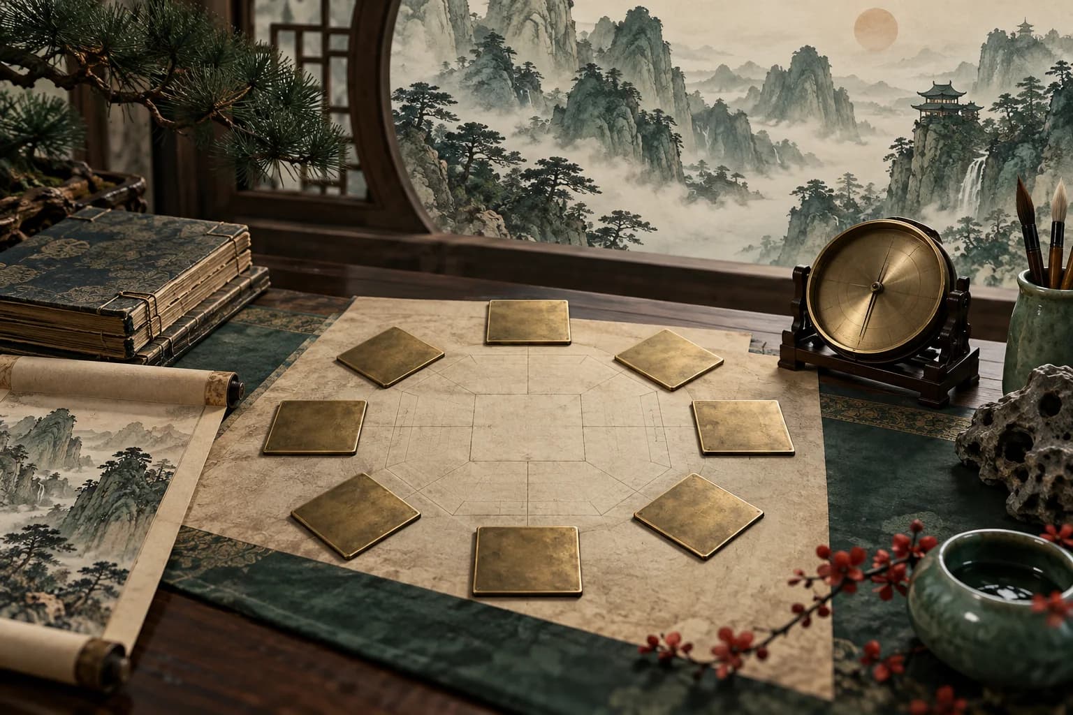 Eight unmarked brass tiles around a square plan beside a scholarly book and compass