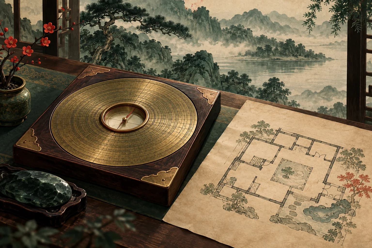 An unlabelled circular brass compass in a square wooden case beside a floor plan