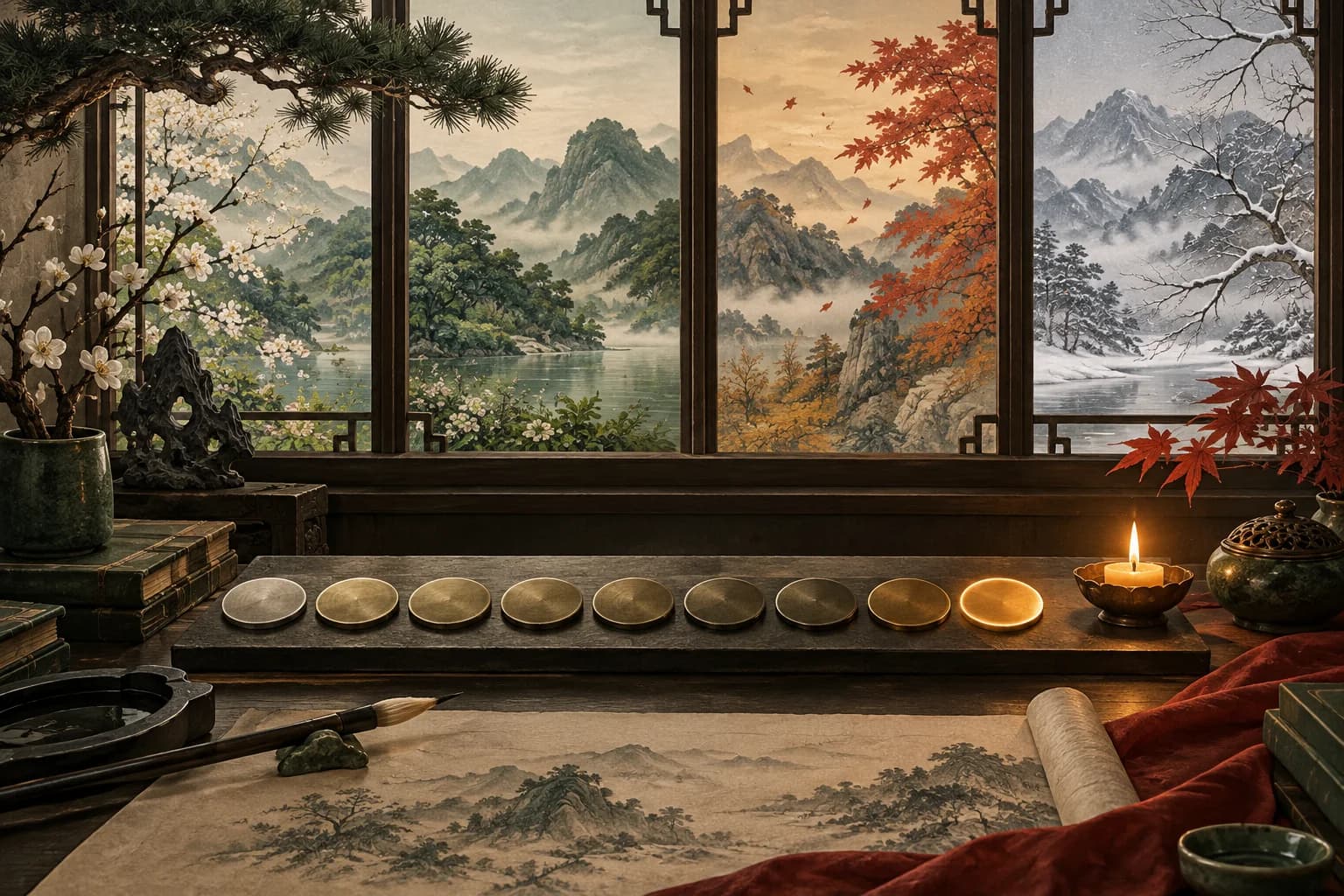Nine brass discs beside a paper calendar and a window with seasonal colours
