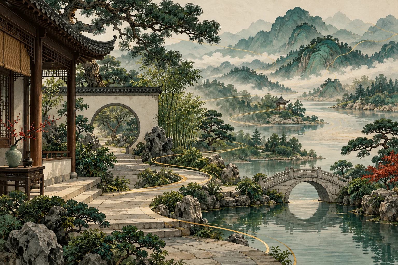 Ink illustration of a sheltered courtyard, winding path, water and mountains