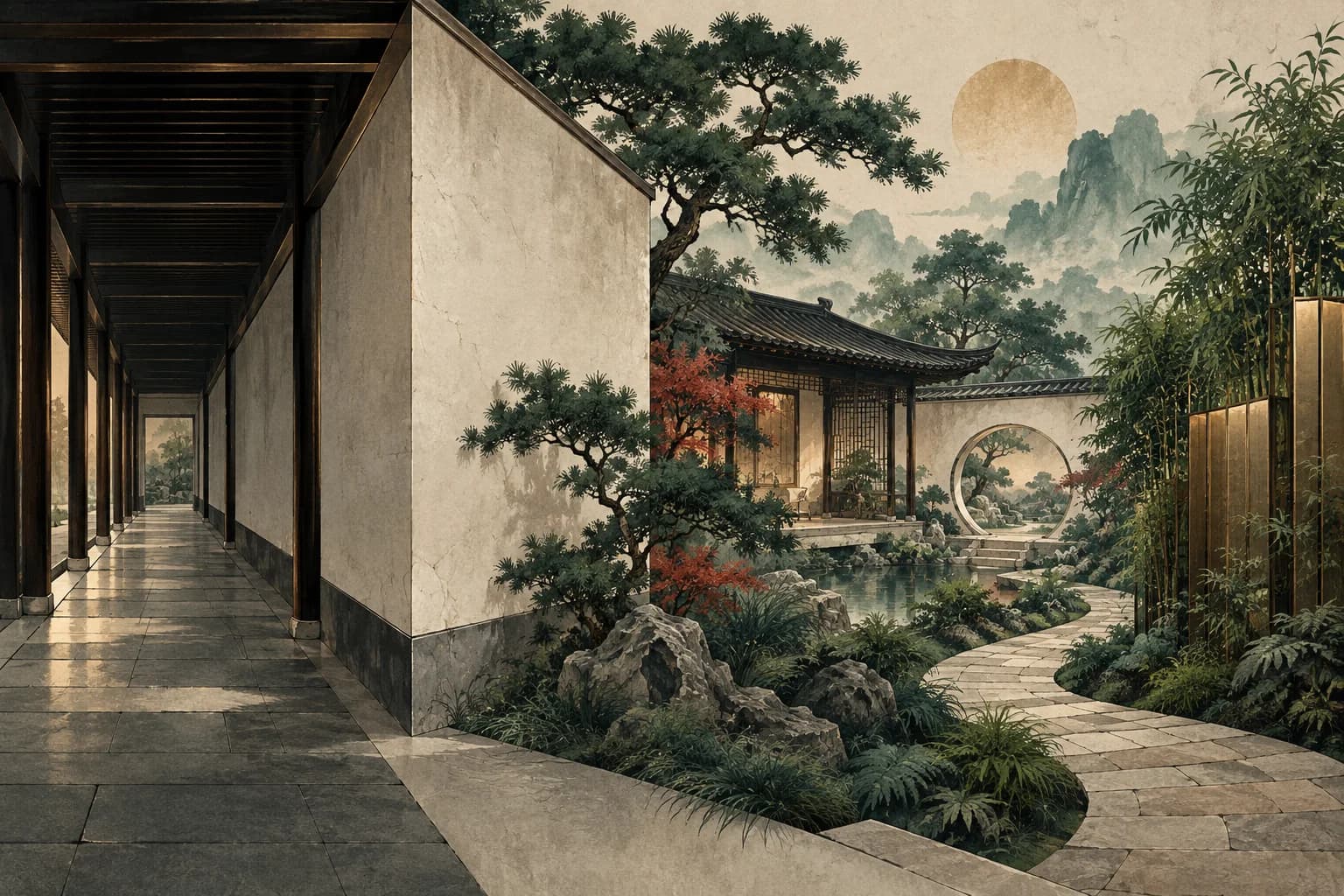 An angular building corner and straight passage beside a sheltered planted courtyard