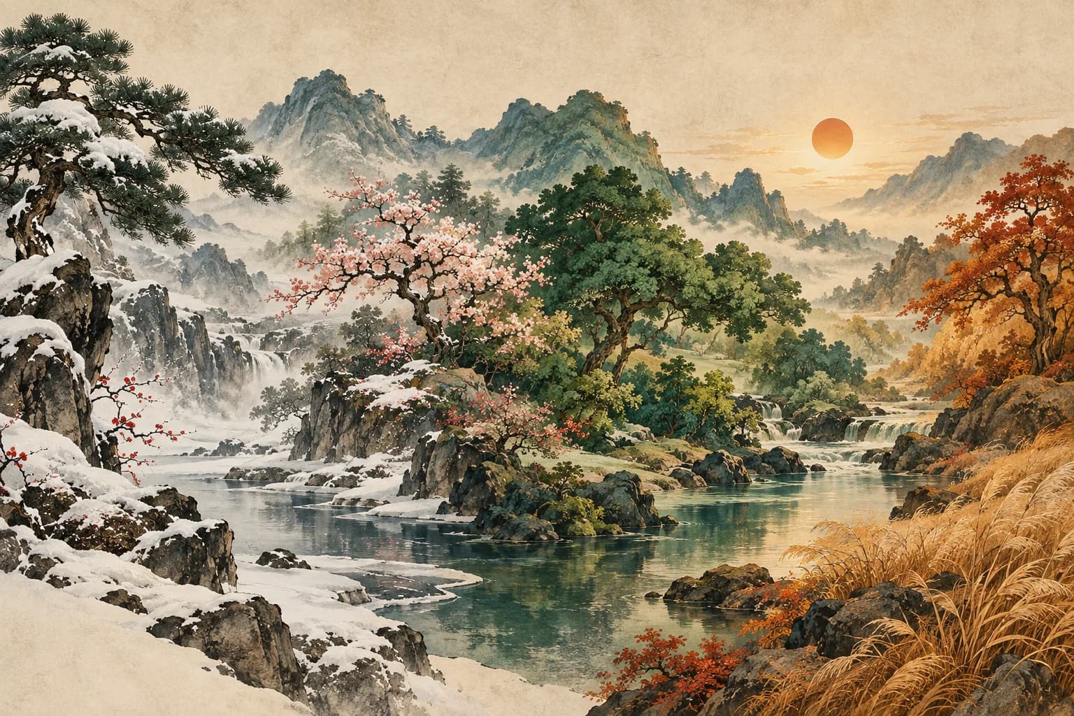 A continuous ink landscape with winter pine, spring blossom, summer foliage and autumn grasses