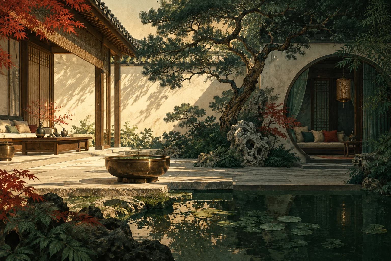 A courtyard with sunlight and shade surrounding an open room and a sheltered resting area