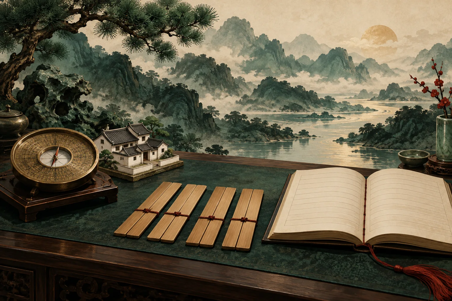 A model house and compass, four pairs of blank slips, and a ruled calendar book on a desk