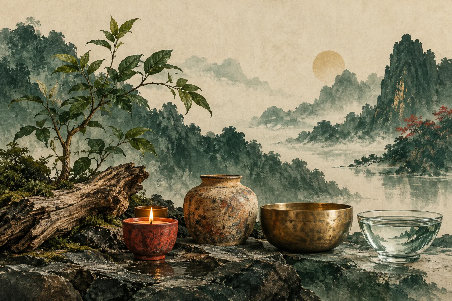 A sapling, a small candle, earthen pottery, brass and a water bowl on a scholar’s table