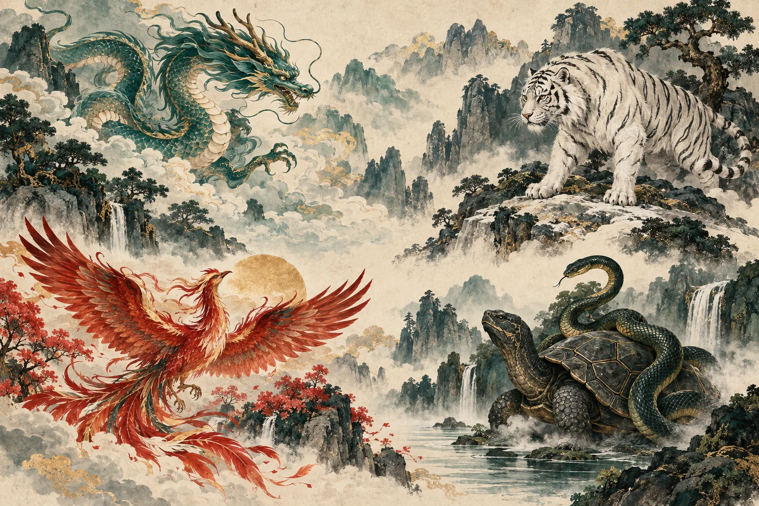 Four separate ink vignettes of an azure dragon, white tiger, vermilion bird and black tortoise with a snake