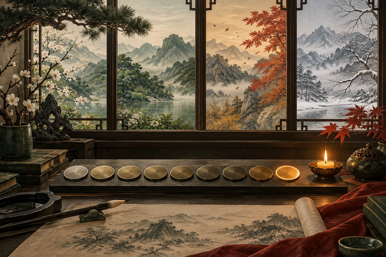 Nine brass discs beside a paper calendar and a window with seasonal colours