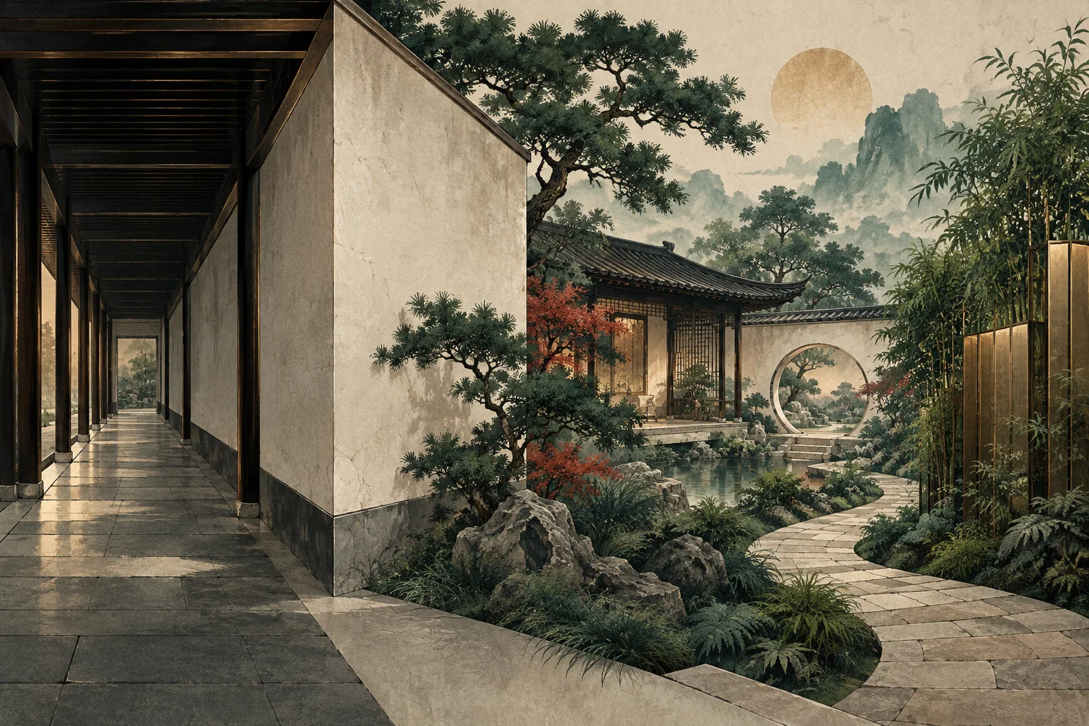 An angular building corner and straight passage beside a sheltered planted courtyard