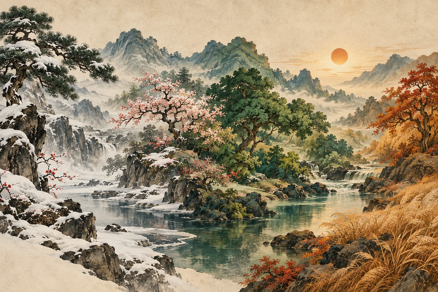 An ink landscape following the four seasons