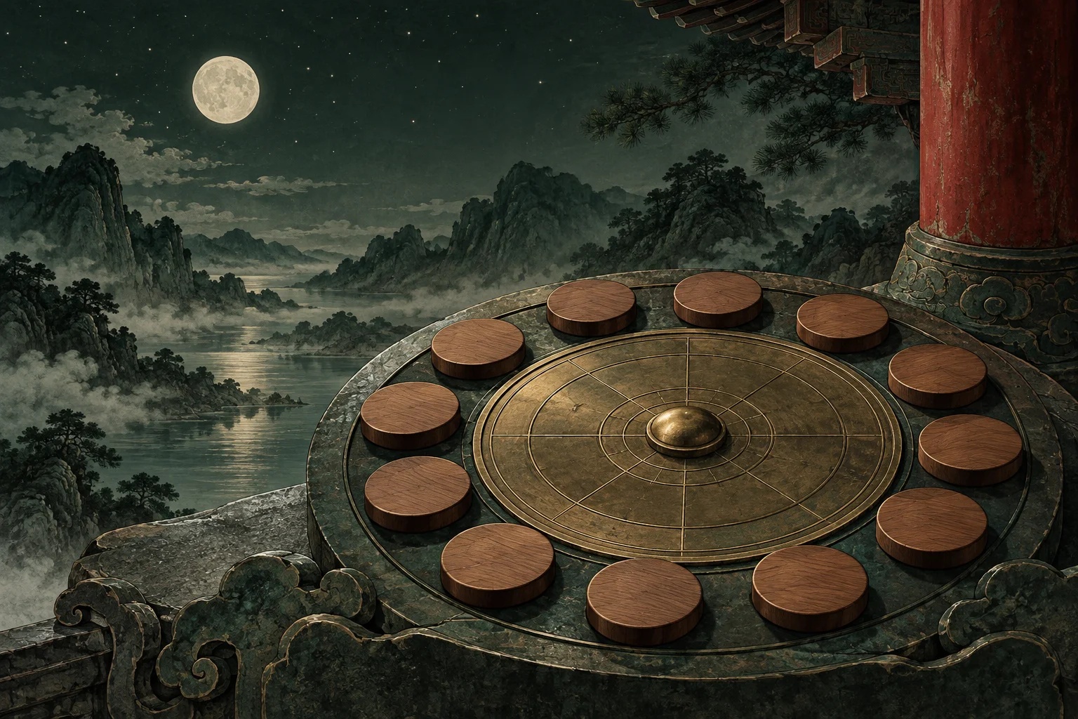 Twelve blank wooden tokens around an unlabelled brass disc near a temple column and night sky
