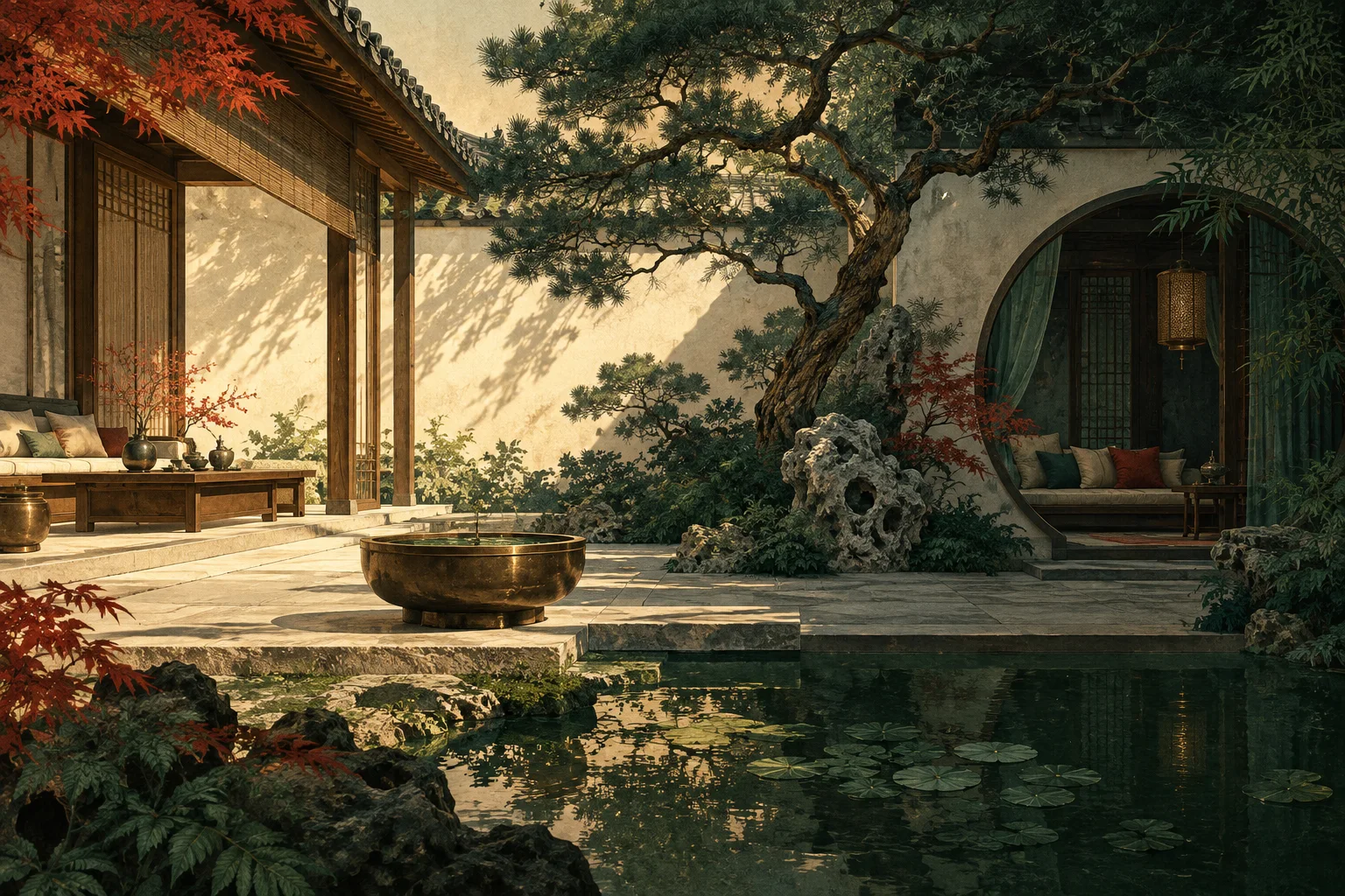 A courtyard with sunlight and shade surrounding an open room and a sheltered resting area